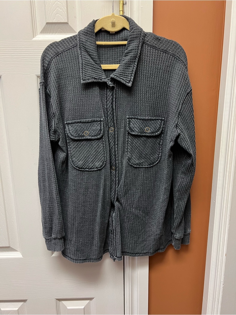 Rewind Charcoal Gray Waffle Knit Shirt Jacket
